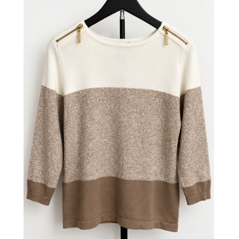 Karen Scott Womens Medium Colorblock Cotton Sweater Tan Cream Shoulder Zipper